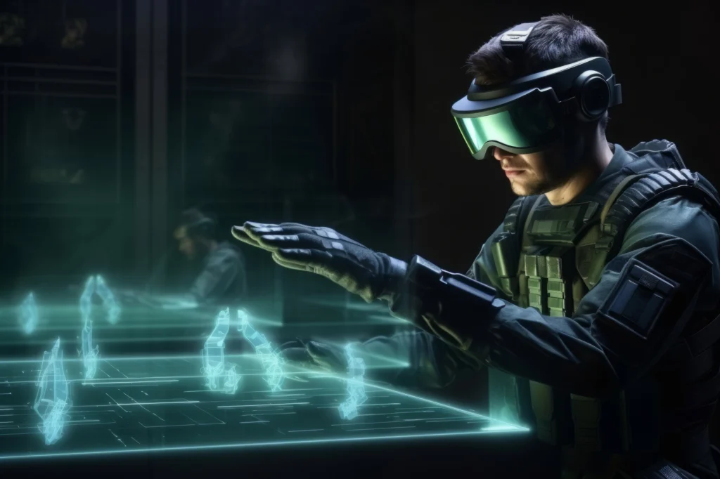 軍事人員使用虛擬實境設備操作全息戰術模擬系統