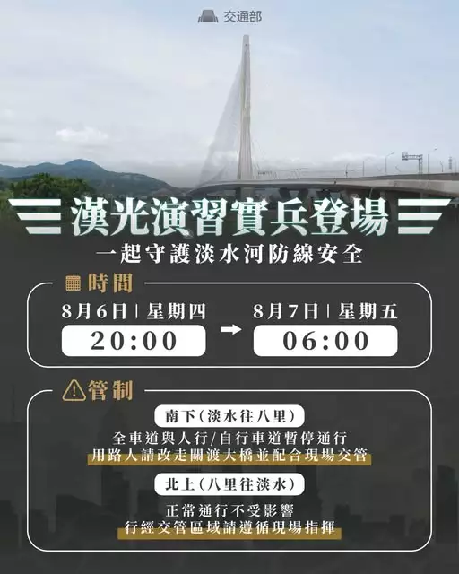 淡江大橋今晚封橋10小時！漢光演習首納阻絕操演 用路人改走關渡大橋